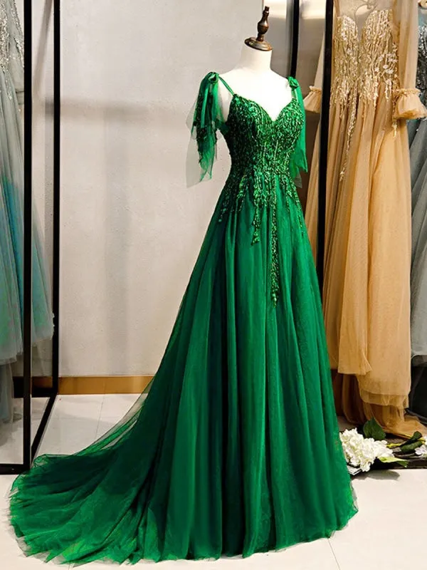 Prom Dress Deep Green Lace V-Neck A-Line Sleeveless Beaded Lace-Up Maxi Party Dresses
