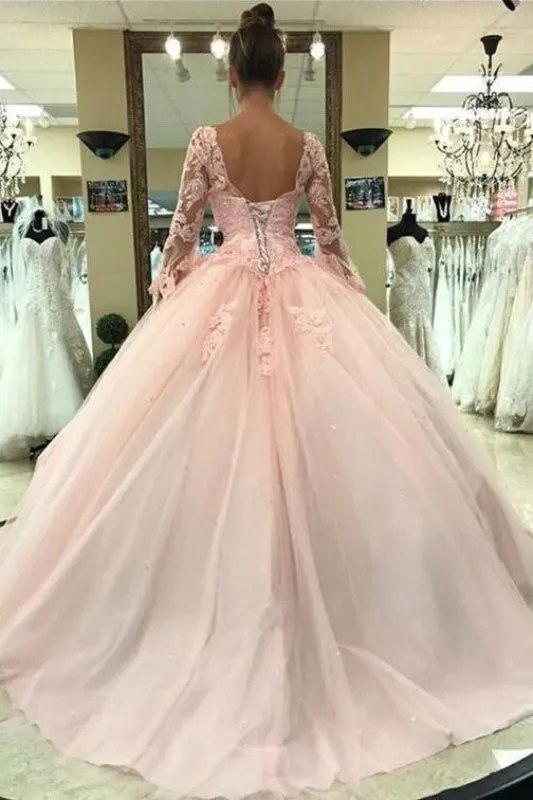 Puffy Sleeve Prom Dress with Lace Pink Tulle Long Quinceanera Dresses