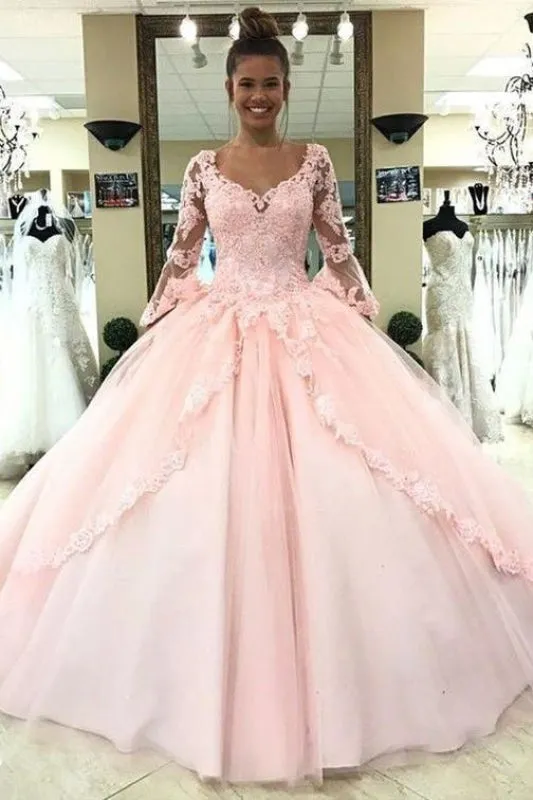 Puffy Sleeve Prom Dress with Lace Pink Tulle Long Quinceanera Dresses
