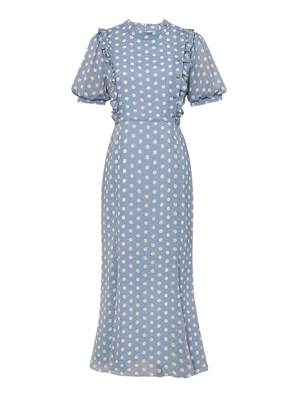 Purple Polka Dots Puff Sleeve Vintage Rapunzel Style Chiffon Dress