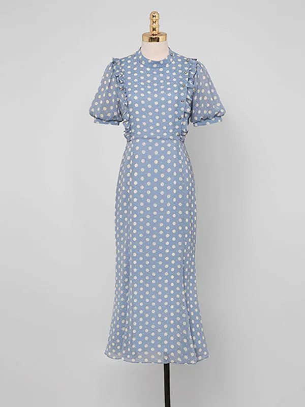 Purple Polka Dots Puff Sleeve Vintage Rapunzel Style Chiffon Dress