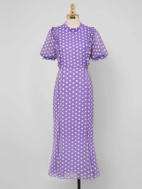 Purple Polka Dots Puff Sleeve Vintage Rapunzel Style Chiffon Dress