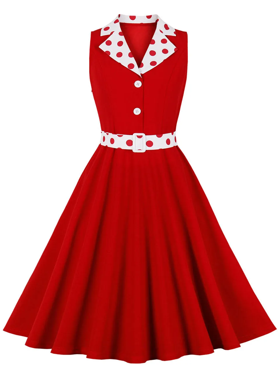 Red Polka Dots V Neck 1950S Vintage Swing Dress With Belt