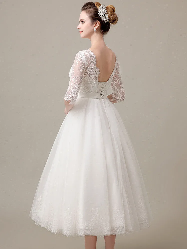 Retro Tea Length Lace Wedding Dress with Long Sleeves