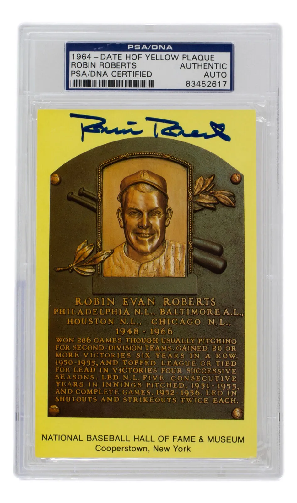 Robin Roberts Signed Slabbed Phillies Hall of Fame Plaque Postcard PSA/DNA