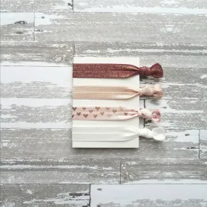 Rose Gold Hair Tie Set, pink heart elastic, wine hair band, maroon ponytail holder, nude hair elastic, burgundy sparkle band, glitter ribbon