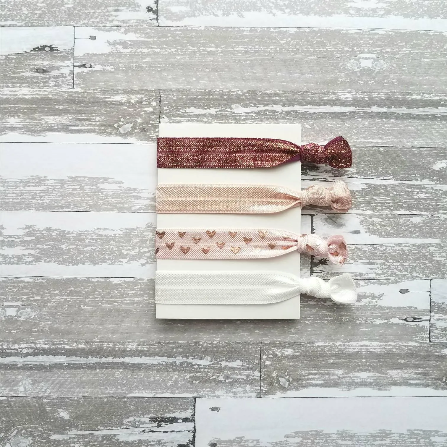 Rose Gold Hair Tie Set, pink heart elastic, wine hair band, maroon ponytail holder, nude hair elastic, burgundy sparkle band, glitter ribbon