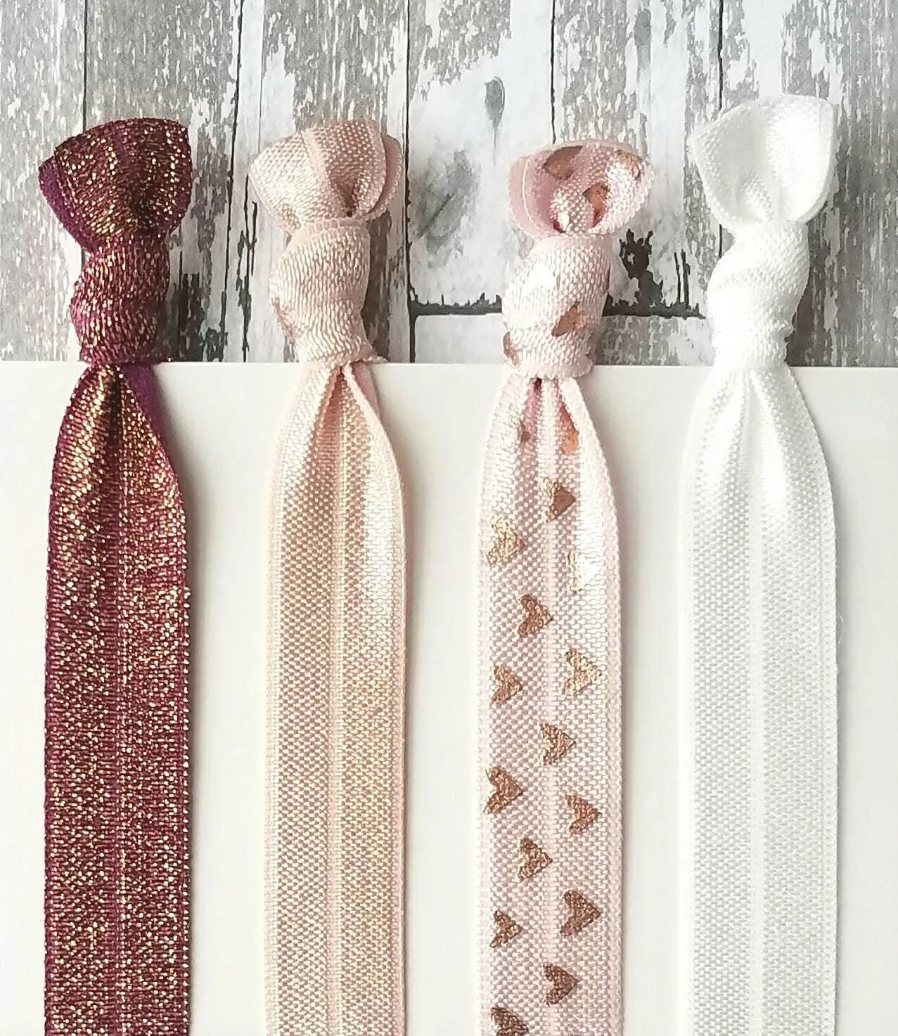 Rose Gold Hair Tie Set, pink heart elastic, wine hair band, maroon ponytail holder, nude hair elastic, burgundy sparkle band, glitter ribbon