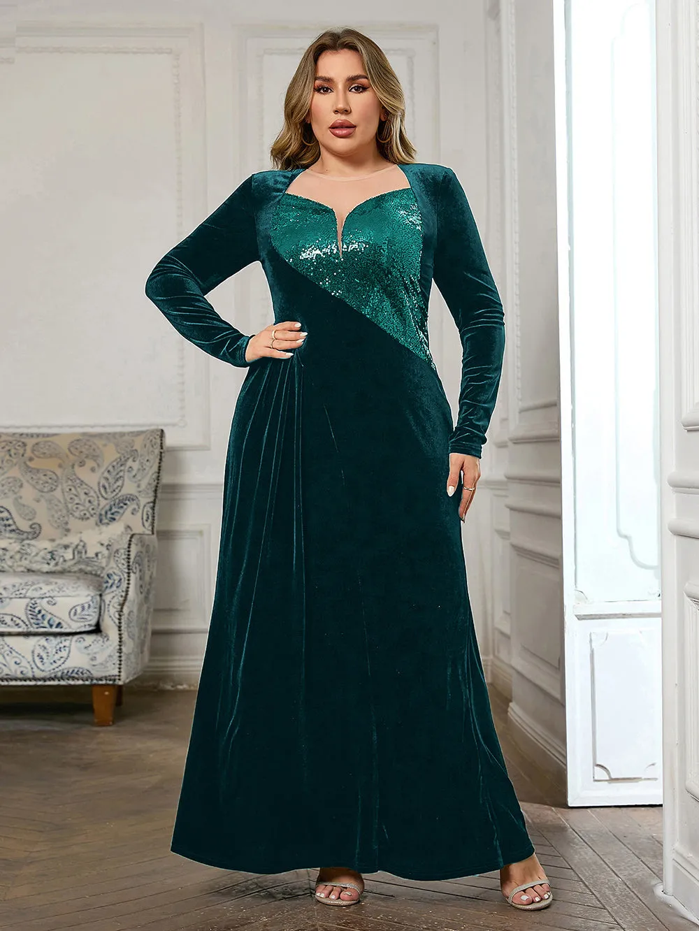 Round Neck Long Sleeve Sequins Maxi Bodycon Dress HB00722