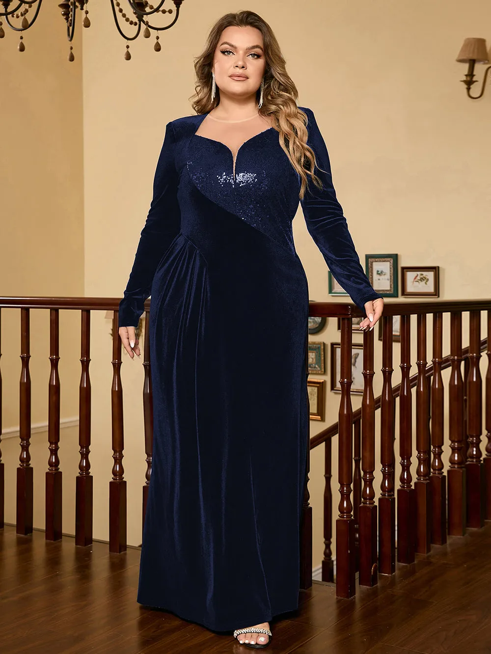 Round Neck Long Sleeve Sequins Maxi Bodycon Dress HB00722