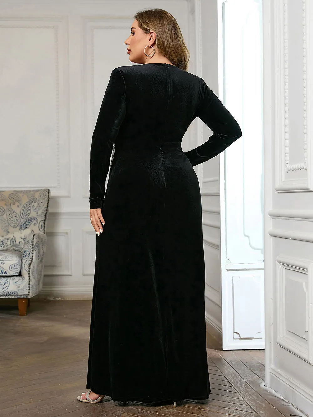 Round Neck Long Sleeve Sequins Maxi Bodycon Dress HB00722