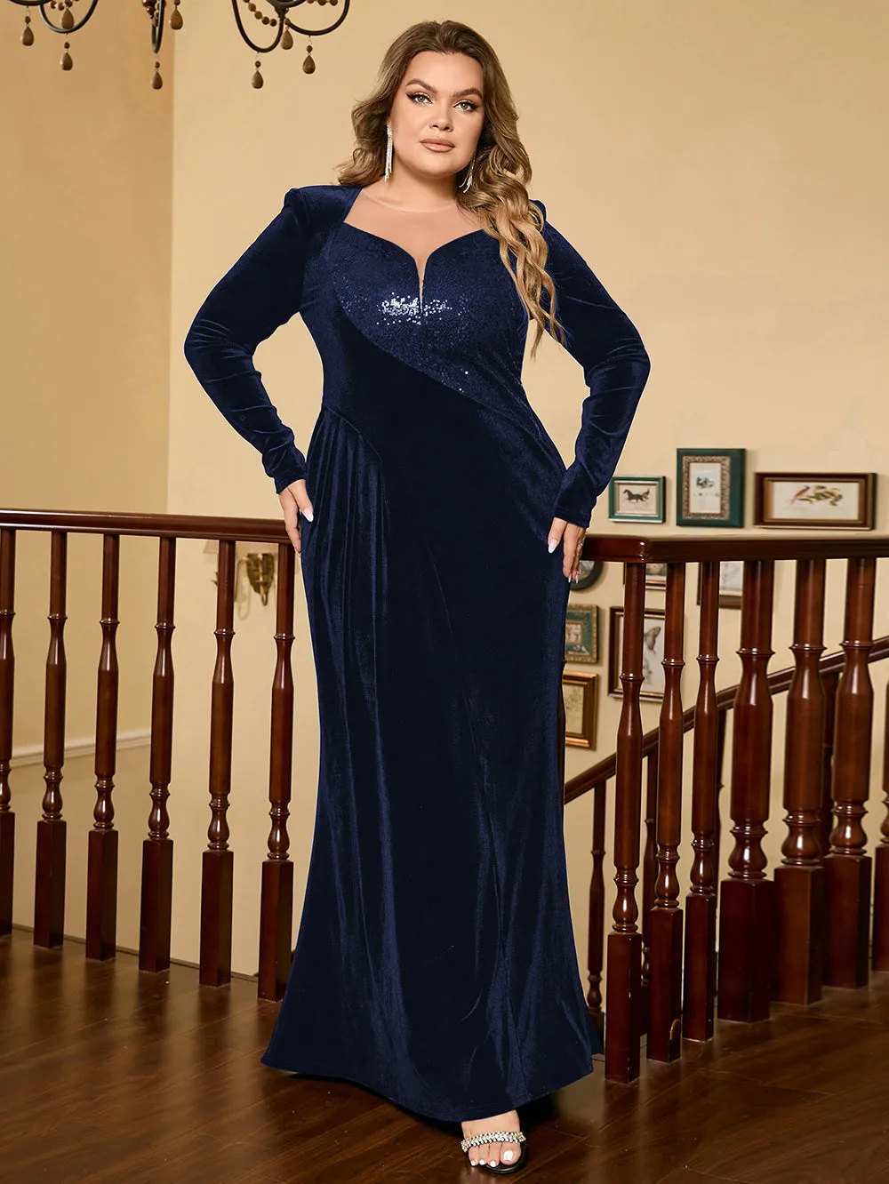 Round Neck Long Sleeve Sequins Maxi Bodycon Dress HB00722