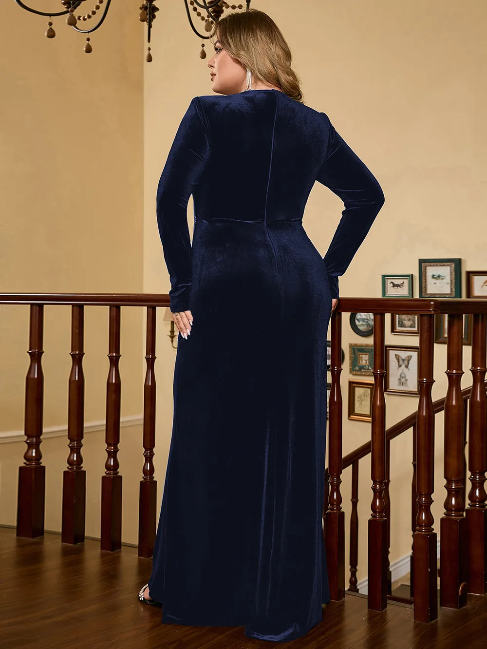 Round Neck Long Sleeve Sequins Maxi Bodycon Dress HB00722