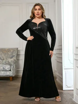 Round Neck Long Sleeve Sequins Maxi Bodycon Dress HB00722