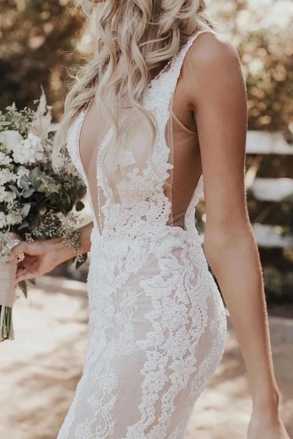 Roycebridal Mermaid/Trumpet Attractive Floor-length V-neck Lace Wedding Dress,MW439