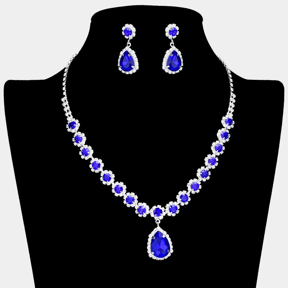 Sapphire Teardrop and Round Stone Prom Necklace Set  | Special Event Crystal Necklace Set  |  638894