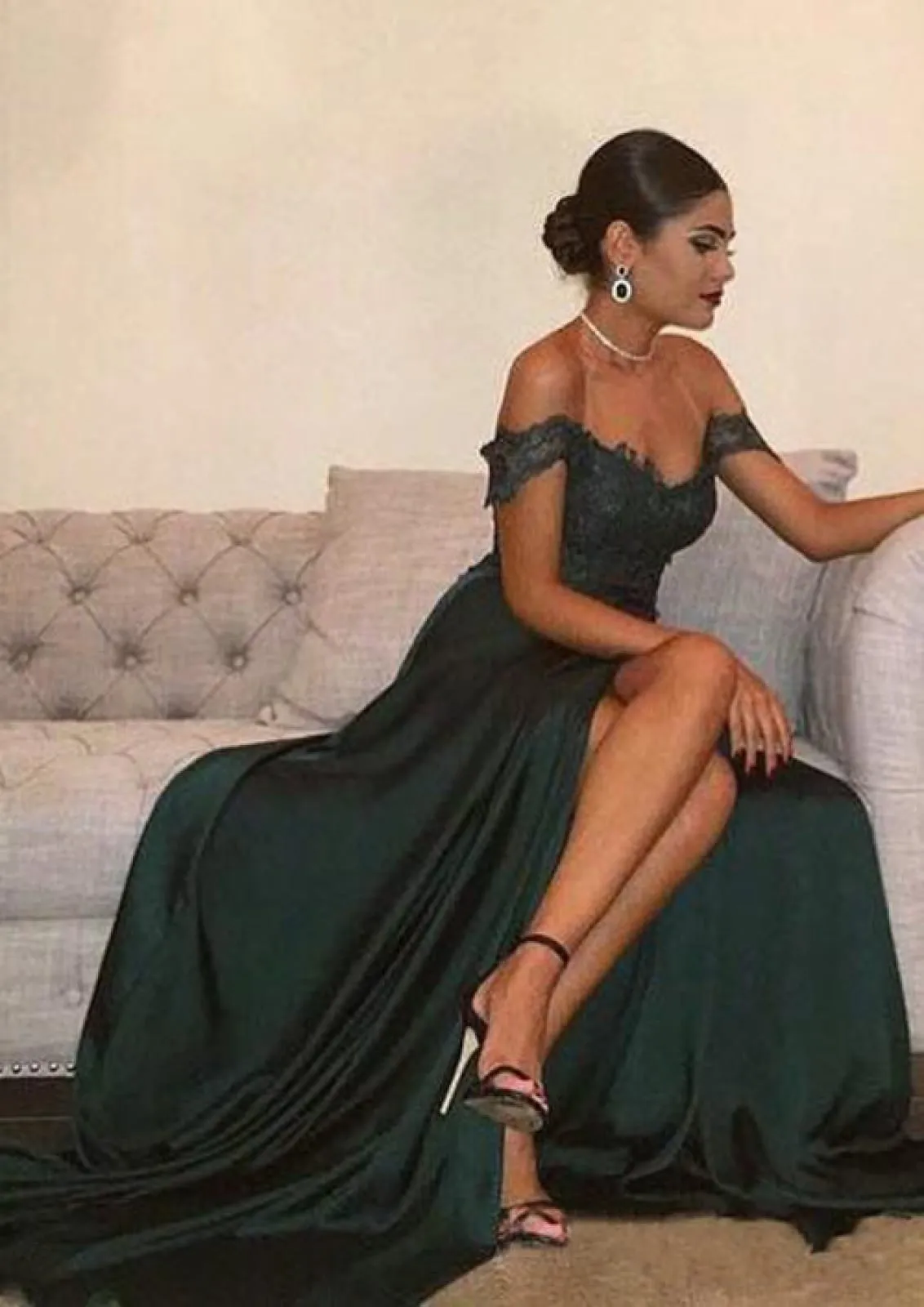 Satin Prom Dress A-Line Green Off Shoulder Sweetheart Sweep, Split Lace