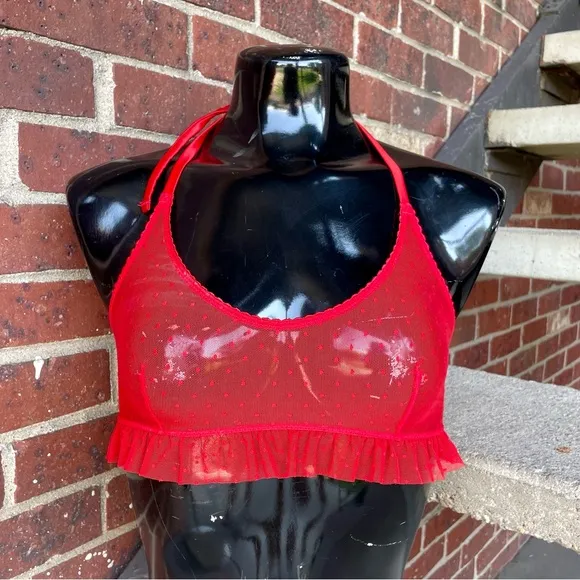 Savage X Fenty Valentine Hearts Set Skirt Bralette &amp; Gloves Size Small Sheer Red