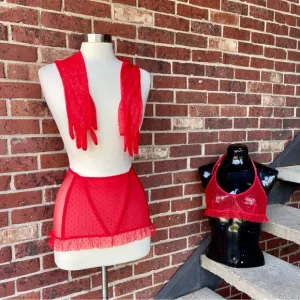 Savage X Fenty Valentine Hearts Set Skirt Bralette &amp; Gloves Size Small Sheer Red