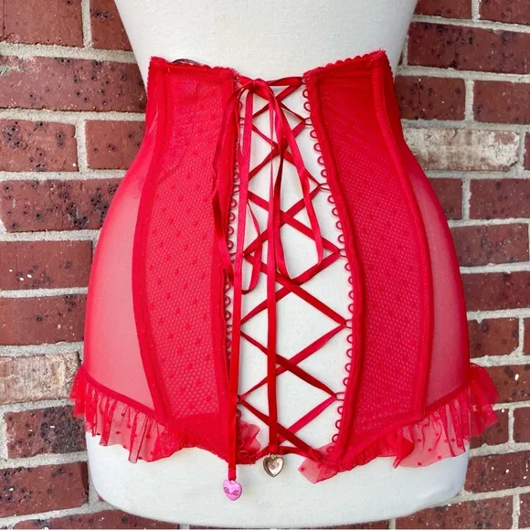 Savage X Fenty Valentine Hearts Set Skirt Bralette &amp; Gloves Size Small Sheer Red