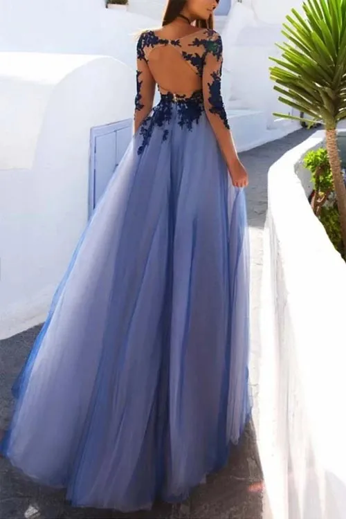 See Through Blue Lace Long Sleeve Open Back Long Evening Prom Dresses,MP617