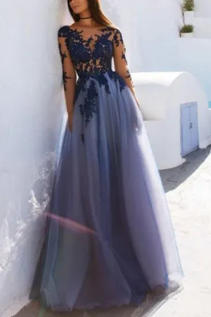 See Through Blue Lace Long Sleeve Open Back Long Evening Prom Dresses,MP617