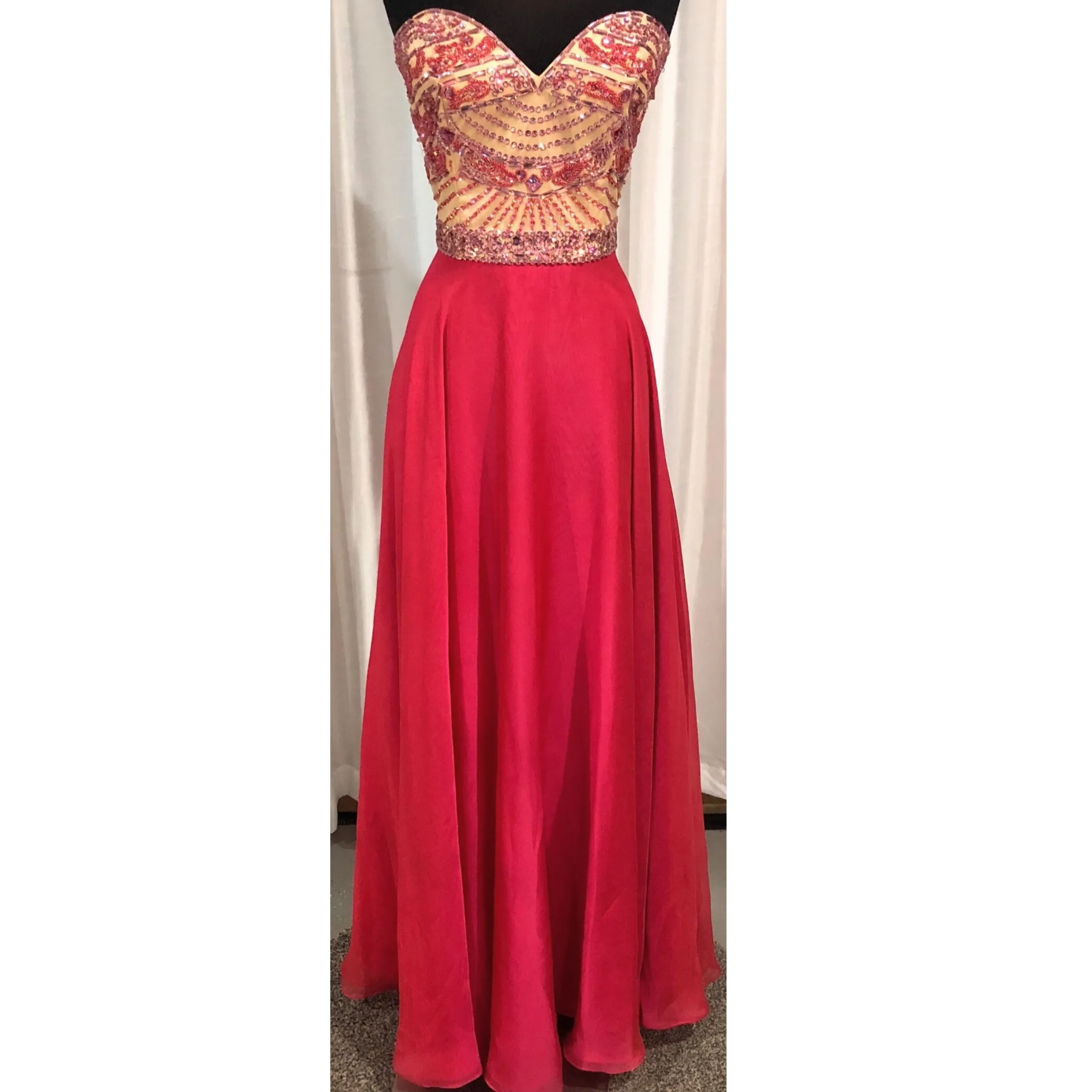 SHERRI HILL 1942 Ruby Red Strapless Embellished Long Dress Size 10