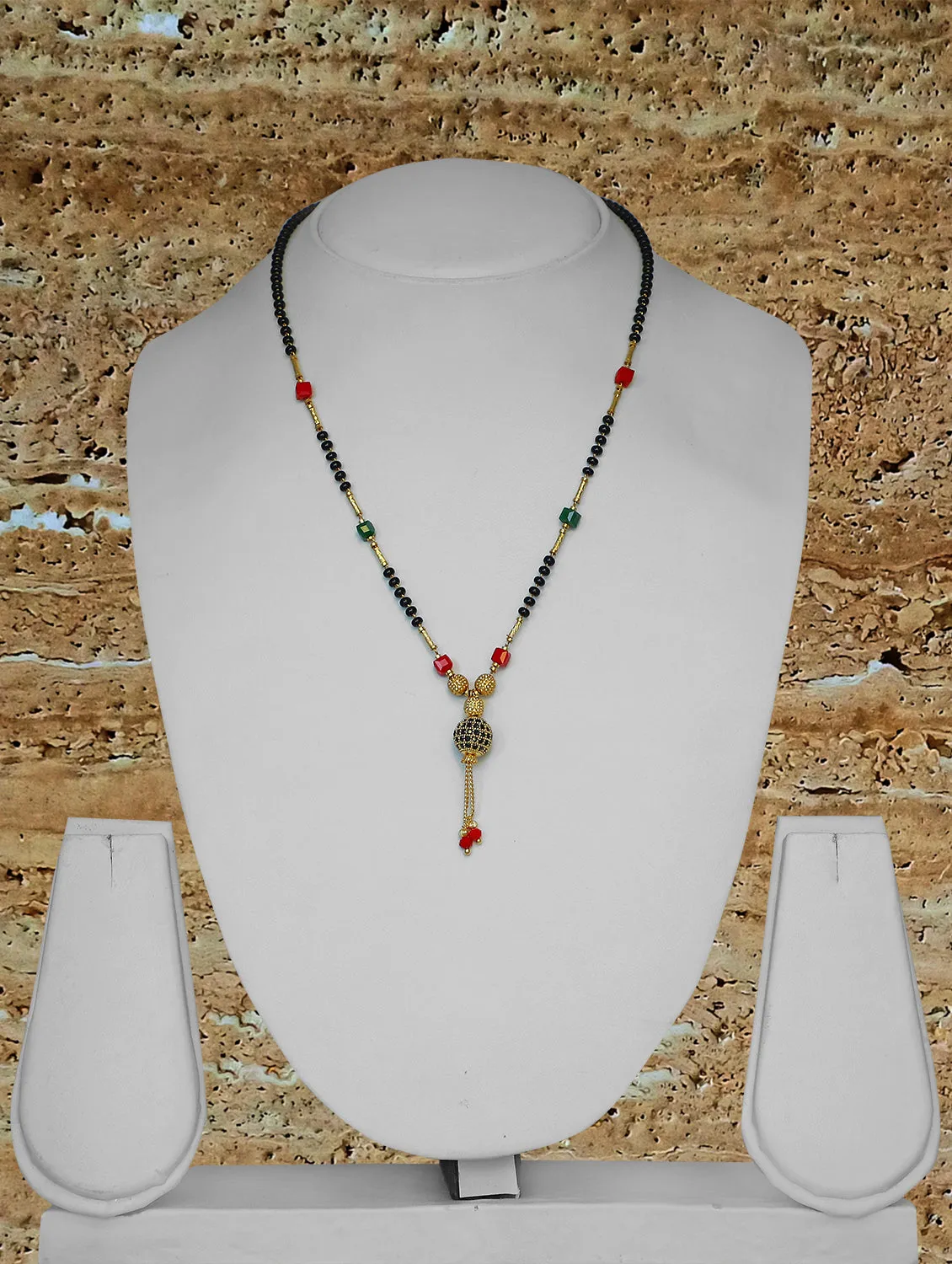 Short Mangalsutra Designs Ball Shape Gold Plated Red Green Beads Black AD Pendant Latkan (20 Inches)