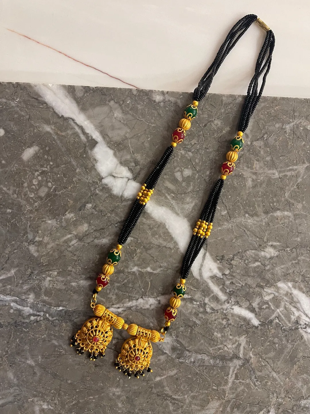 Short Mangalsutra Designs Gold Plated Maharashtrian Style Vati Pendant Latkan with Multicolor Beads