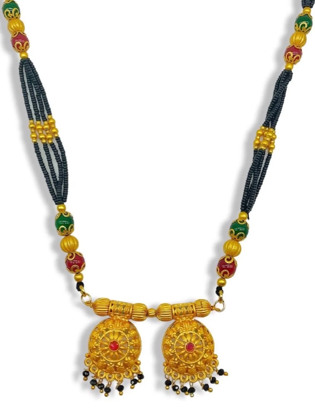 Short Mangalsutra Designs Gold Plated Maharashtrian Style Vati Pendant Latkan with Multicolor Beads