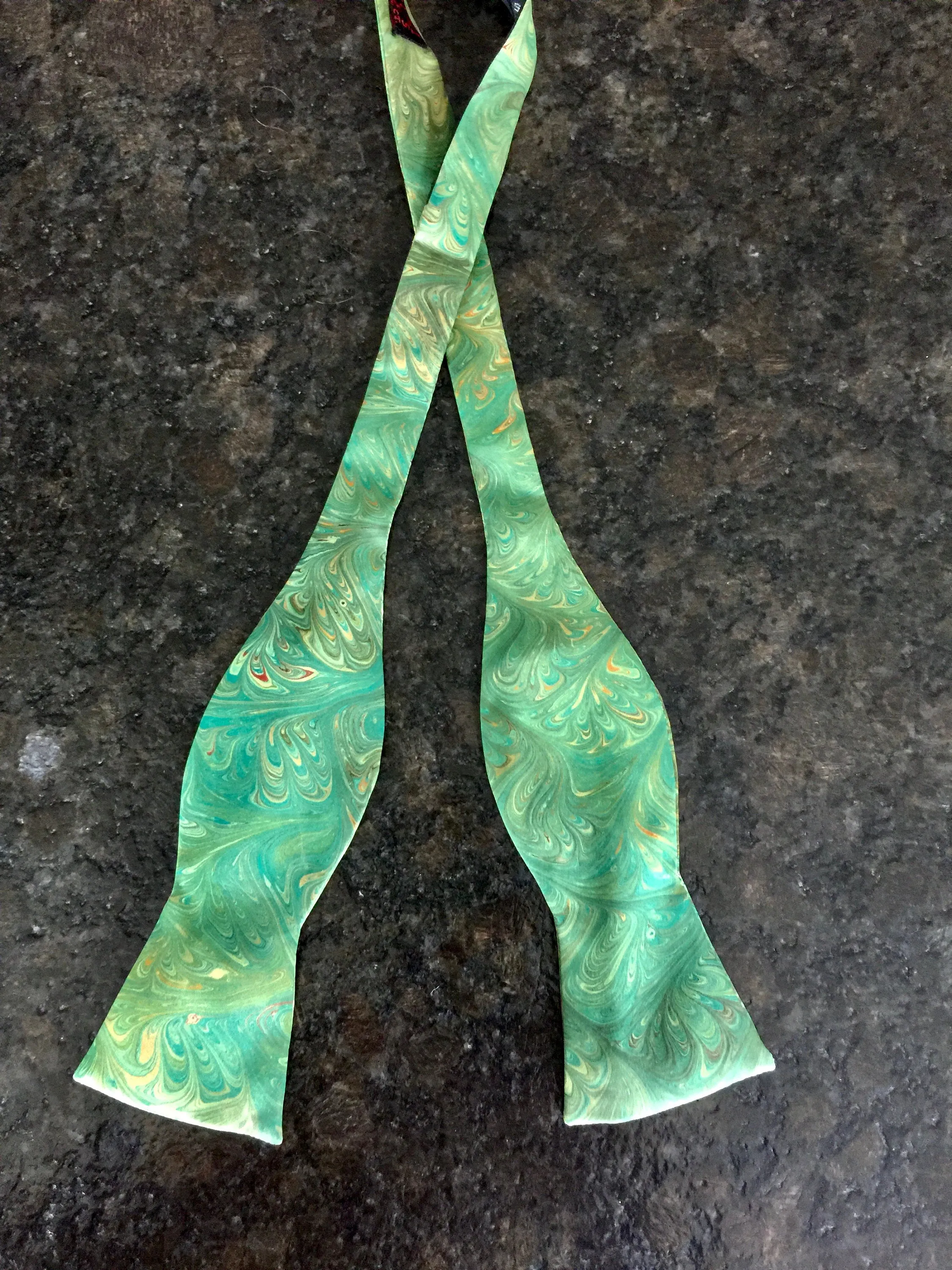 Silk Bow tie green orange cream water marbled