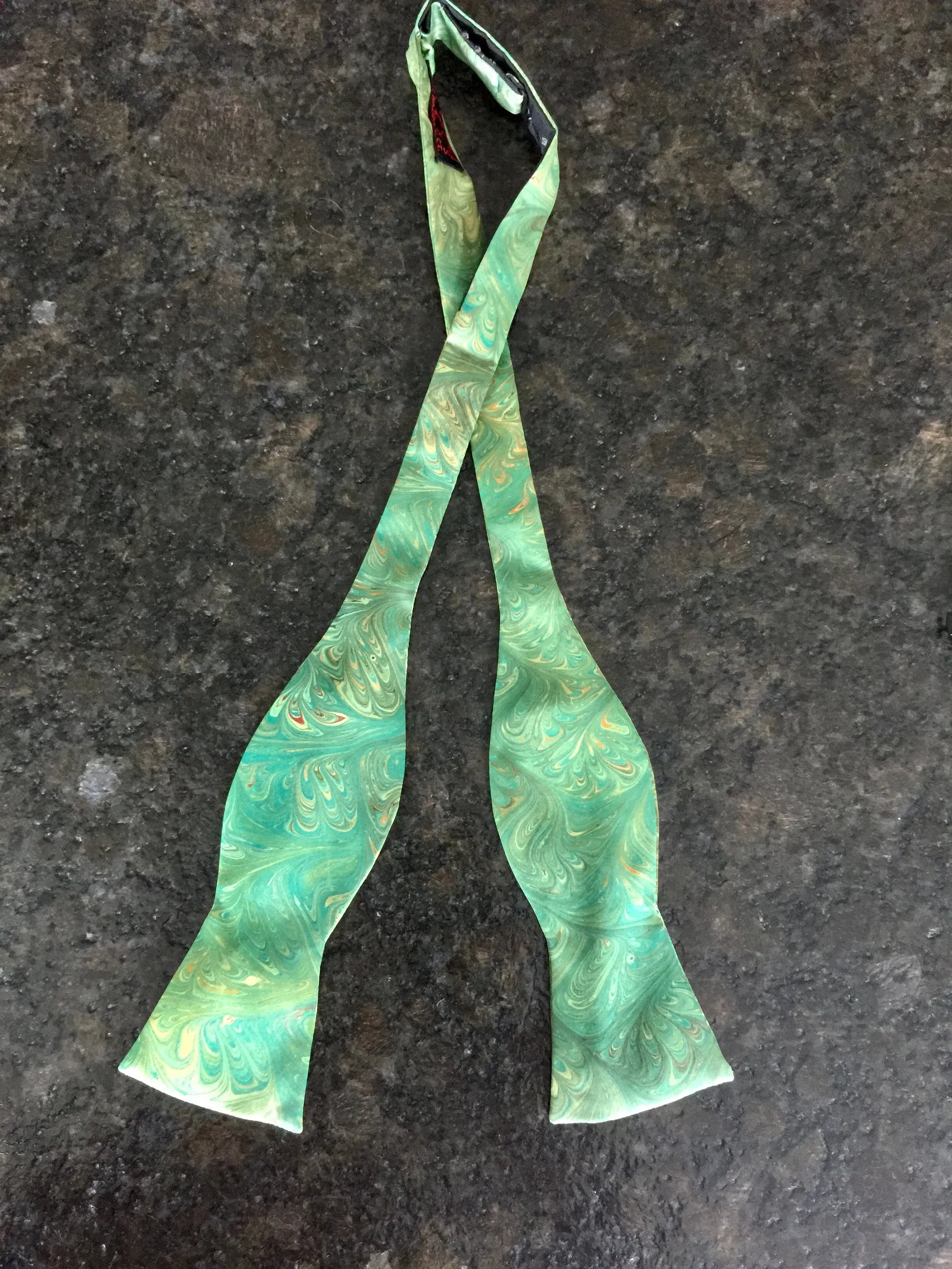 Silk Bow tie green orange cream water marbled