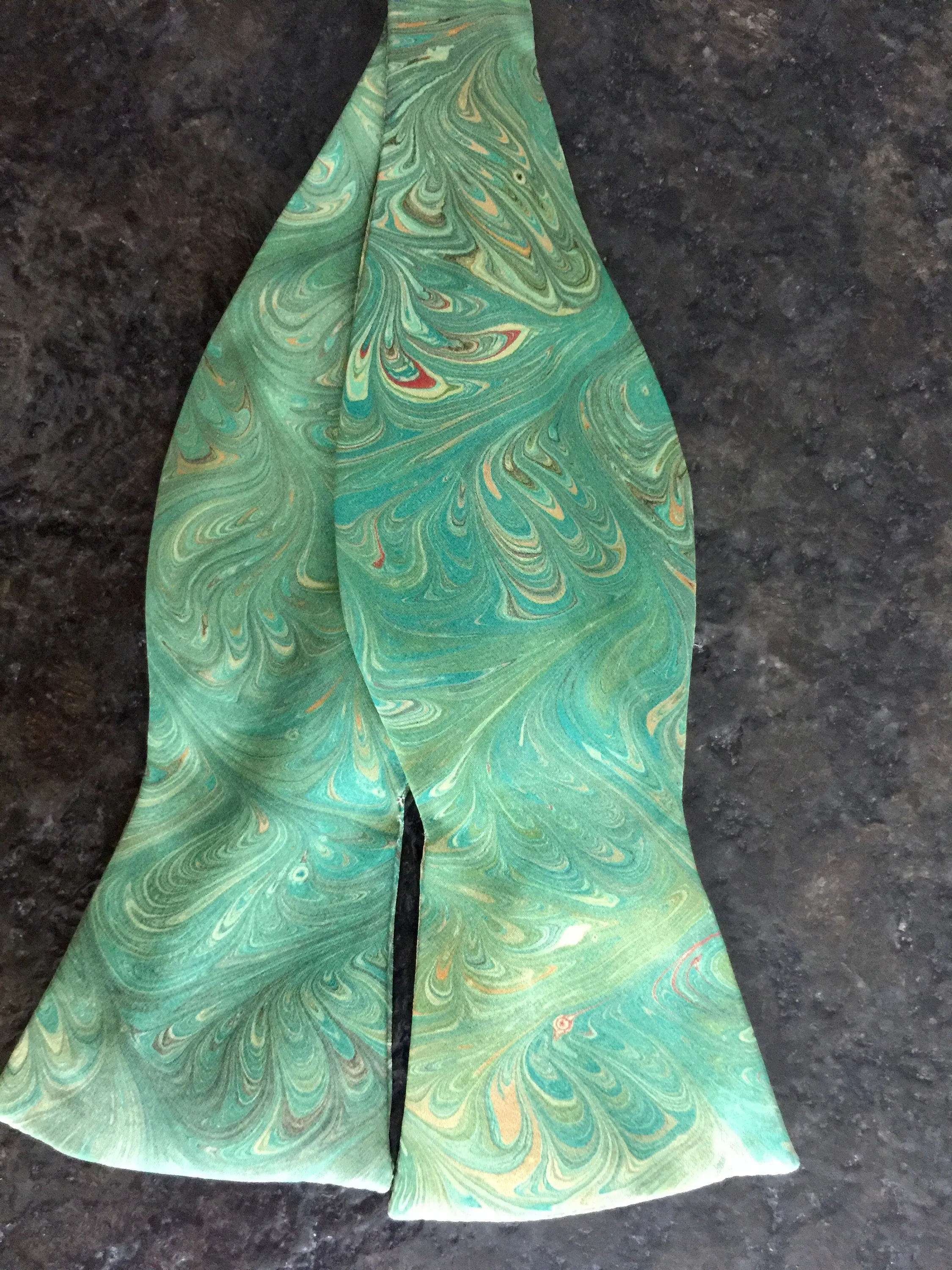 Silk Bow tie green orange cream water marbled