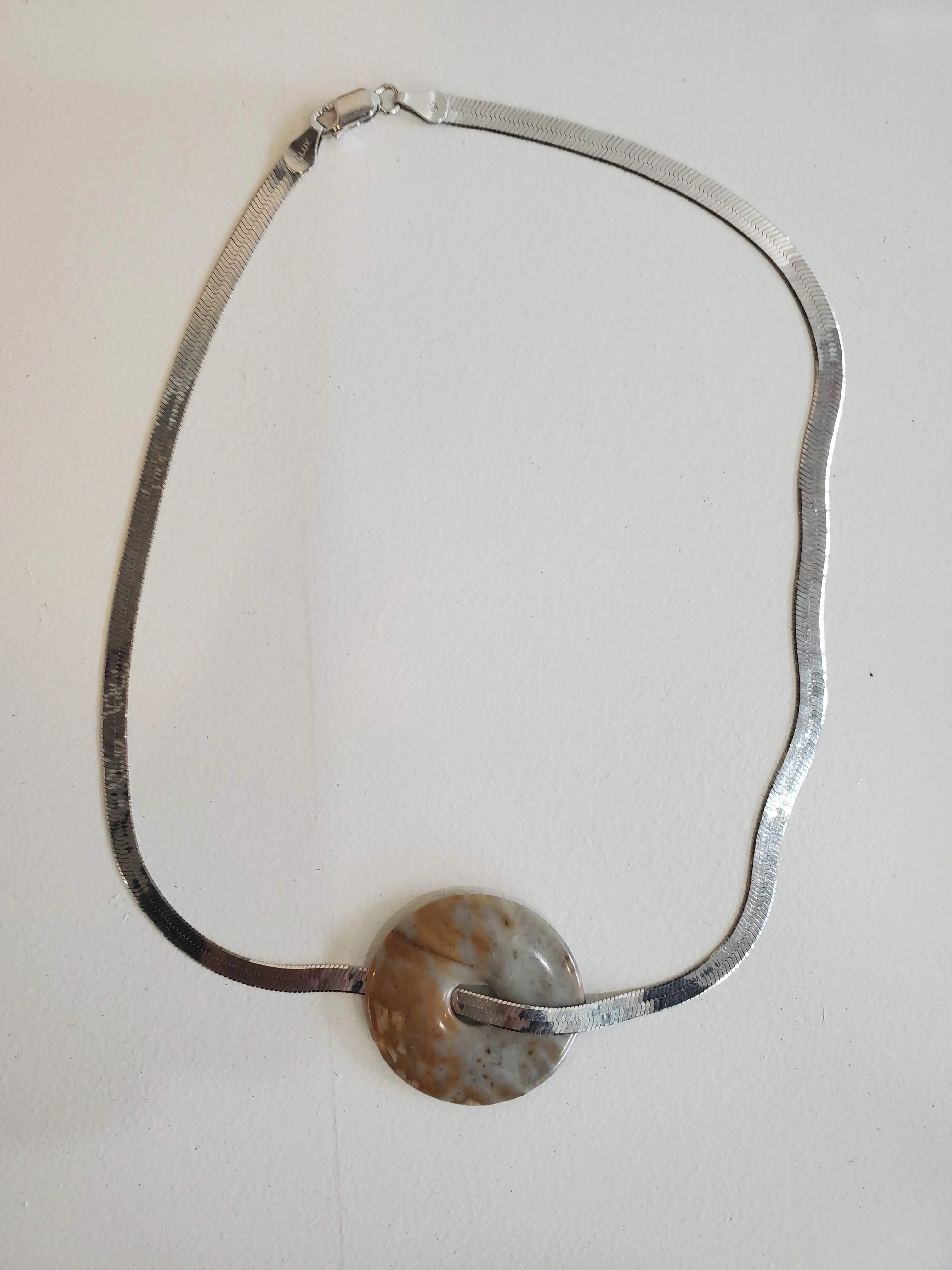 Silver Herringbone Chain with Agate Ring