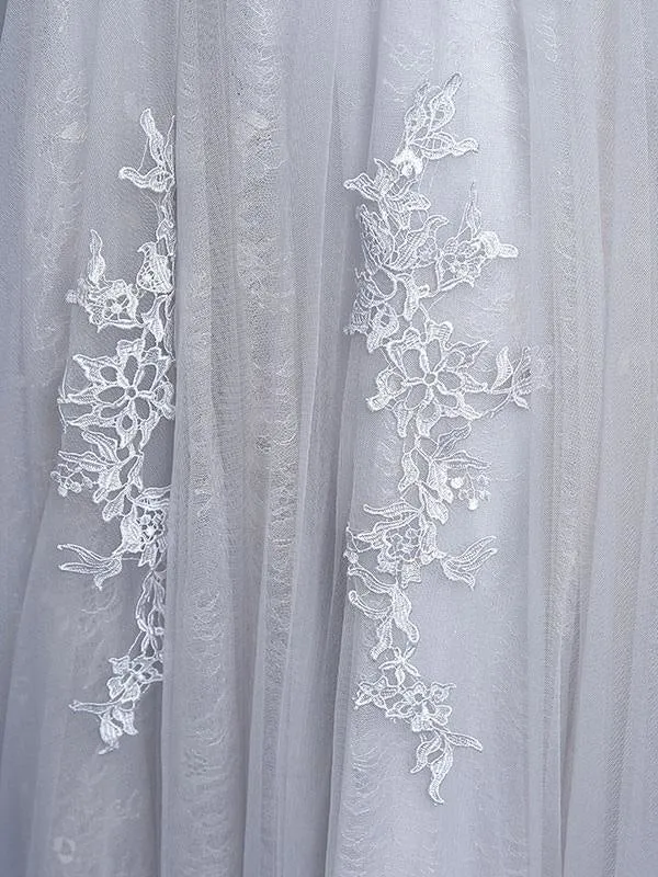 Silver Prom Dress Tulle Backless Party Dress Lace Applique A Line Occasion Dress With Train