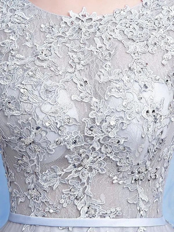 Silver Prom Dress Tulle Backless Party Dress Lace Applique A Line Occasion Dress With Train
