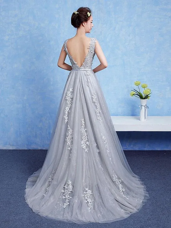 Silver Prom Dress Tulle Backless Party Dress Lace Applique A Line Occasion Dress With Train