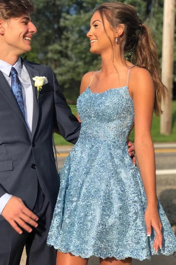 Sky Blue Spaghetti Straps A-line Lace Backless Short Homecoming Dresses, MH516