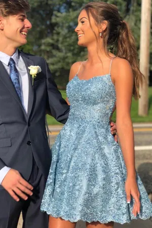 Sky Blue Spaghetti Straps A-line Lace Backless Short Homecoming Dresses, MH516