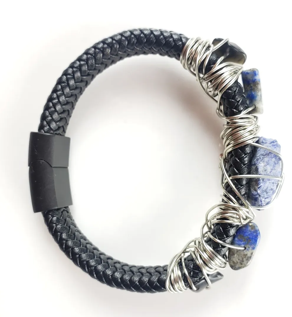 Sodalite and Black Tourmaline leather bracelet ~One of a kind jewelry