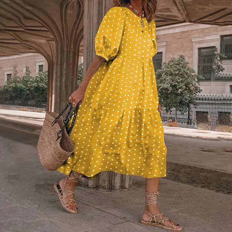 Sommer Bohemian Kleid Puff Hülse Sommerkleid 2020 VONDA Vintage Gedruckt Polka Dot Party Kleider Strand Robe Sommerkleid Vestido S-5XL