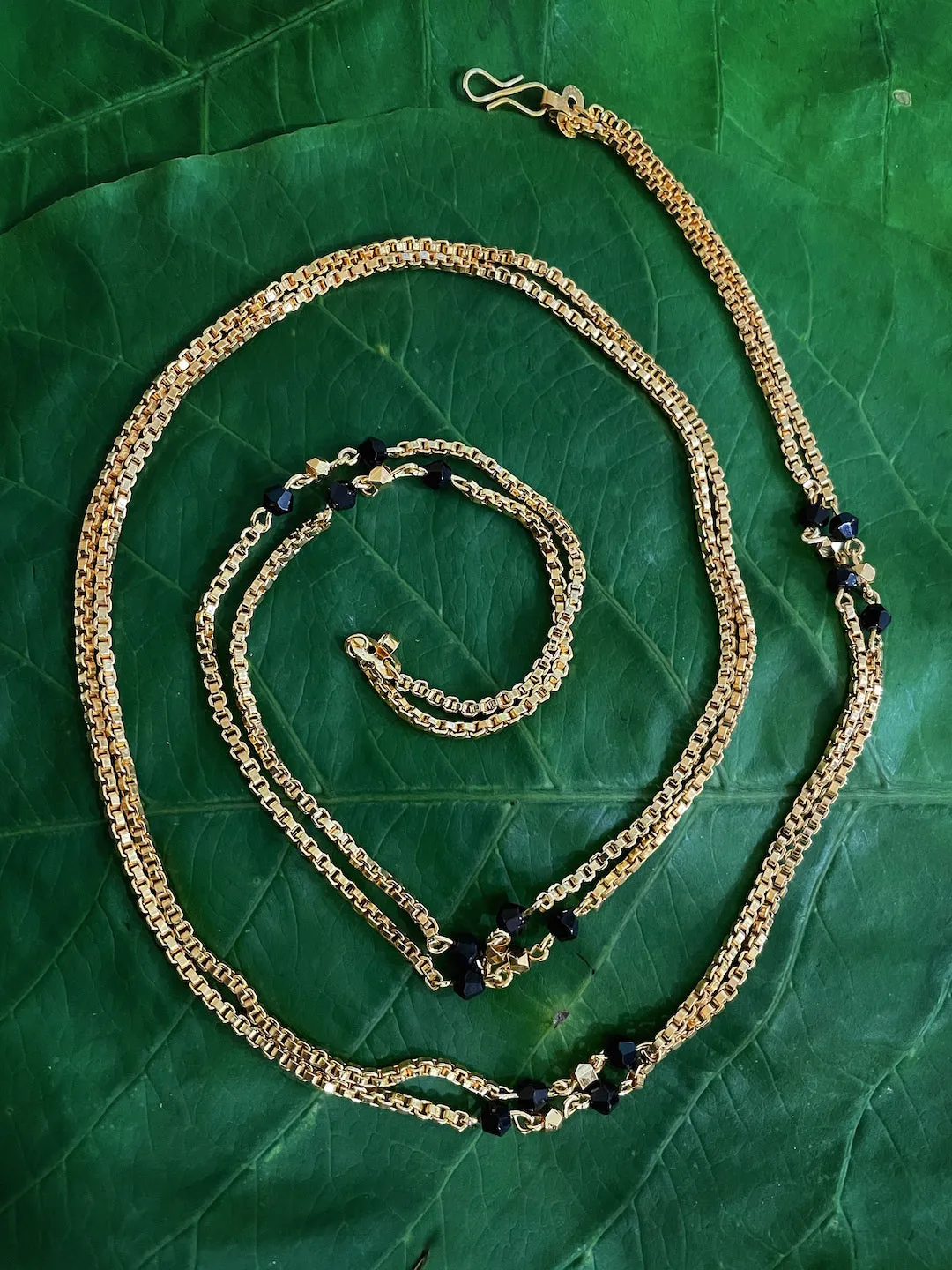 South Indian Style Long Mangalsutra Designs Gold Plated Chain Black/Gold Crystal Beads (28 Inches)