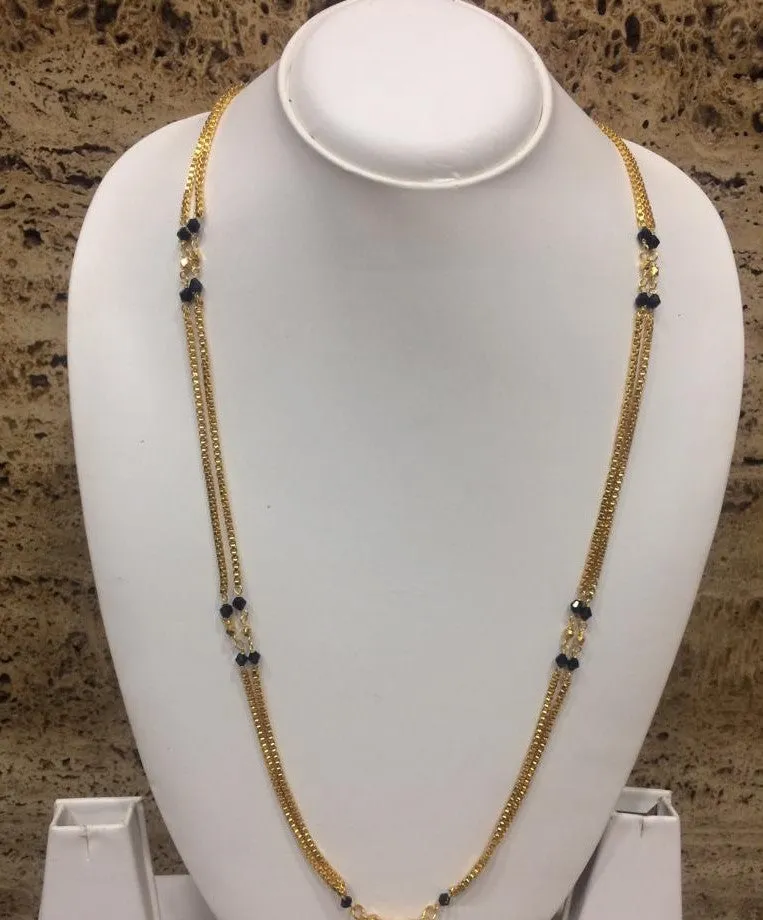 South Indian Style Long Mangalsutra Designs Gold Plated Chain Black/Gold Crystal Beads (28 Inches)