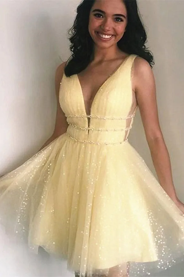 Sparkle Sky Blue Backless Beaded Homecoming Dresses, Graduation Dress, MH527