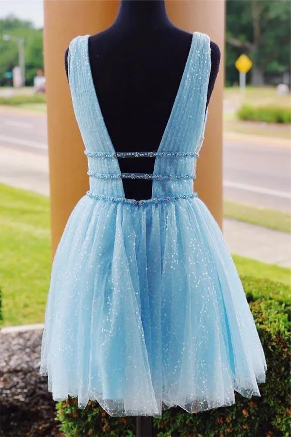 Sparkle Sky Blue Backless Beaded Homecoming Dresses, Graduation Dress, MH527