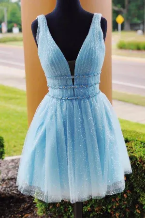 Sparkle Sky Blue Backless Beaded Homecoming Dresses, Graduation Dress, MH527