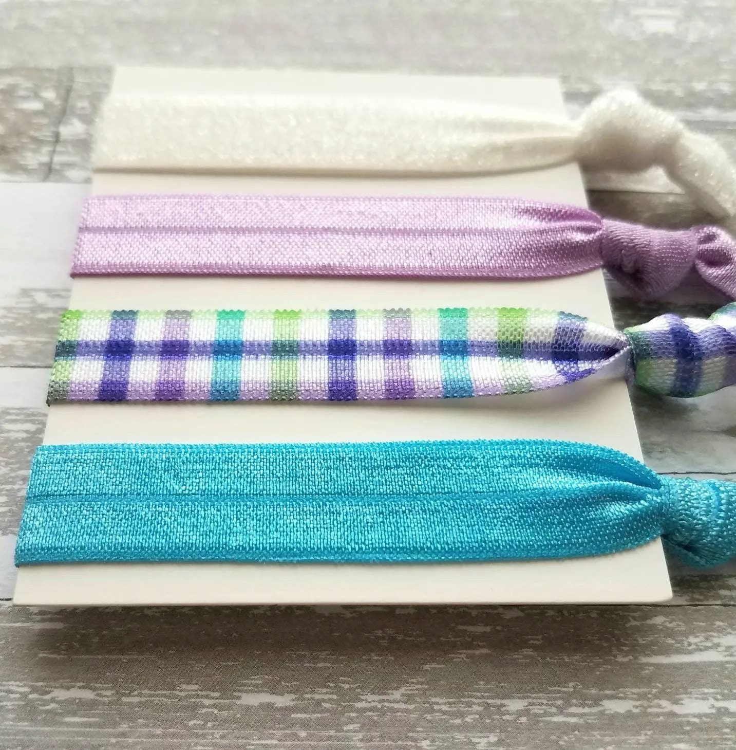 Spring Plaid Hair Set - turquoise aqua blue/lilac purple check/green/white glitter sparkle elastic tie band bow Easter ponytail holder
