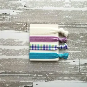 Spring Plaid Hair Set - turquoise aqua blue/lilac purple check/green/white glitter sparkle elastic tie band bow Easter ponytail holder