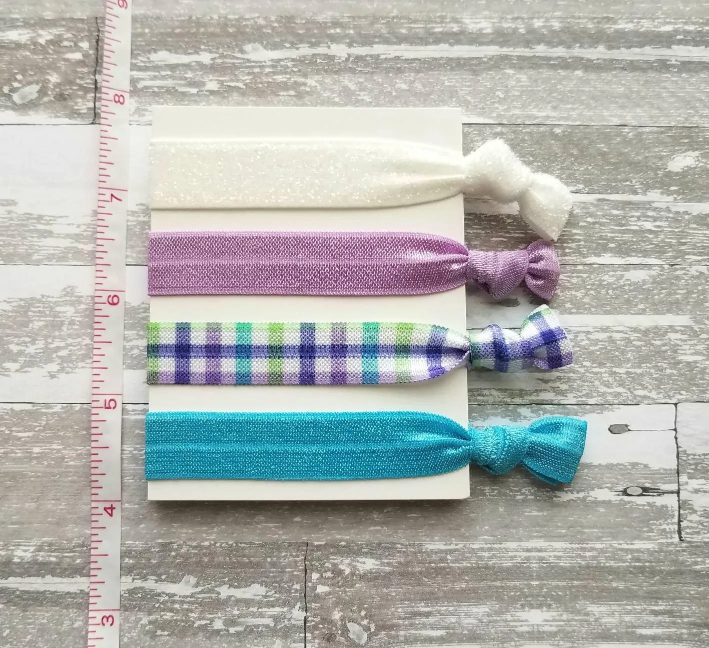 Spring Plaid Hair Set - turquoise aqua blue/lilac purple check/green/white glitter sparkle elastic tie band bow Easter ponytail holder