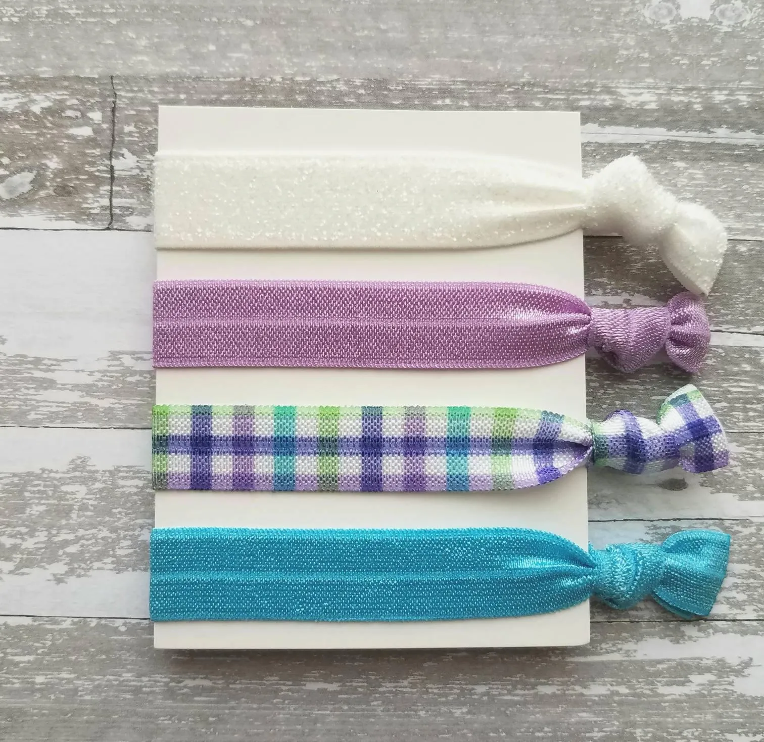 Spring Plaid Hair Set - turquoise aqua blue/lilac purple check/green/white glitter sparkle elastic tie band bow Easter ponytail holder